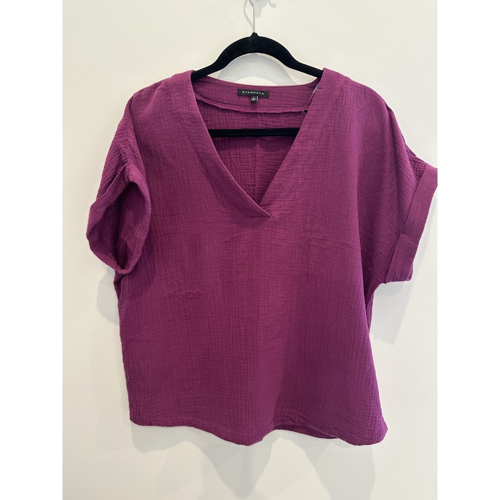Staccato Purple Cotton Gauze V-Neck Short Sleeve Top Blouse Large Comfy